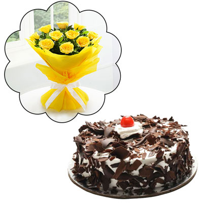 "Round shape chocolate cake - 1kg, 12 yellow roses flower bunch - Click here to View more details about this Product